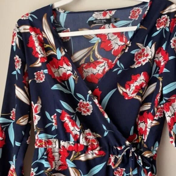 Nasty Gal Navy Blue Floral Midi Wrap Dress, Med. - Picture 5 of 12